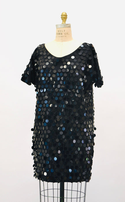 80s 90s GLAM Vintage Black Sequin Shirt Tunic Dress Large Fringe Sequin Beaded Pallet Sequin Top 80s 90s Party Top Cocktail Dress Large