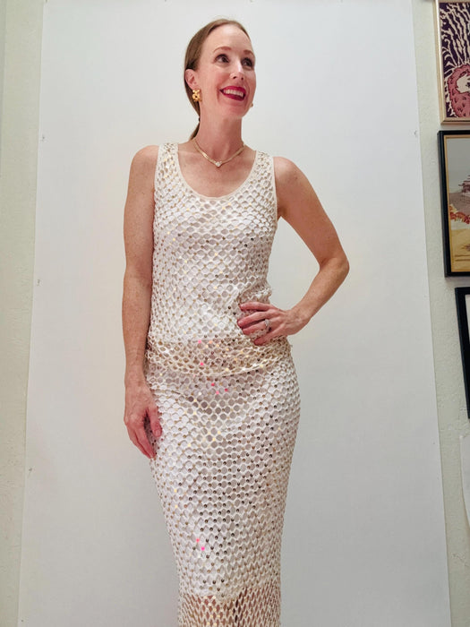 90s 00s Y2k Vintage White Gold Cache Crochet Sequin Club Party Beach Wedding Skirt and top Sheer Beach Dress Small Medium White Gold Dress