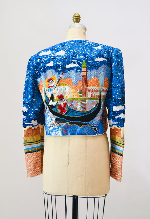 90s Vintage Jeanette Kastenberg Platinum Sequin Jacket Looney Tunes Bugs Bunny Cartoon Sequin Paris France Venice Italy Beaded Jacket