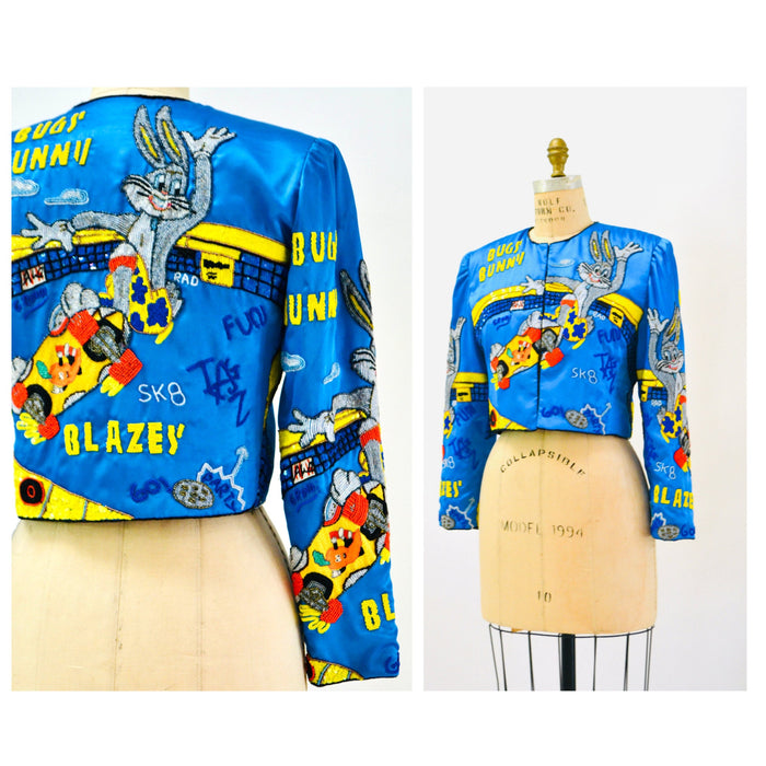 90s Vintage Jeanette Kastenberg Sequin Beaded Jacket Looney Tunes Bugs Bunny Skater Taz Cartoon Beaded Jacket Small Medium Blue Yellow