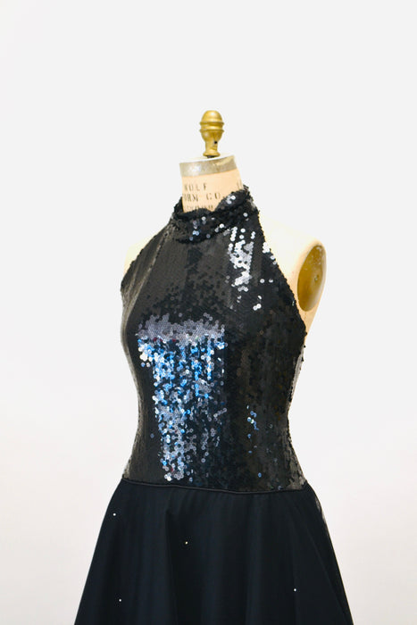80s 90s Vintage Black Sequin Halter Neck Sequin Dress Cocktail Party Dress Rose Taft Small// 80s Glam Black Pageant Dynasty Dress Ball Gown