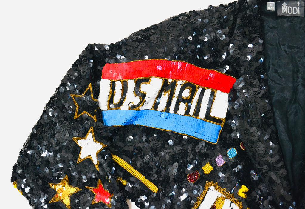80s 90s Vintage Sequin USA Jacket American Flag USPS Jacket Medium By Modi// Vintage Black Sequin Jacket USA America Olympics Sequin Jacket