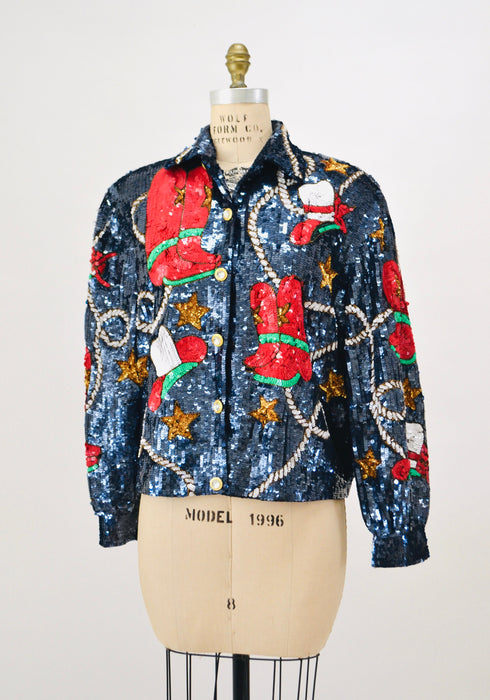 80s 90s Vintage Sequin Jacket Large Blue Metallic Gold Stars Rodeo Rhinestone Cowboy Cowgirl Sequin Jacket USA America Stars Rodeo Modi