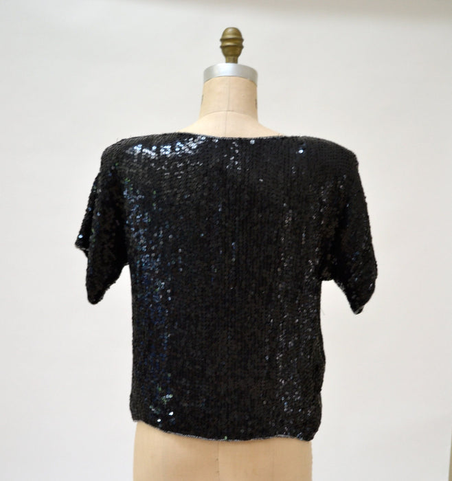Vintage Black Sequin Top Shirt Black Silver Small Art Deco Flapper Inspired// Vintage Metallic Sequin Shirt Top Silver Black Small