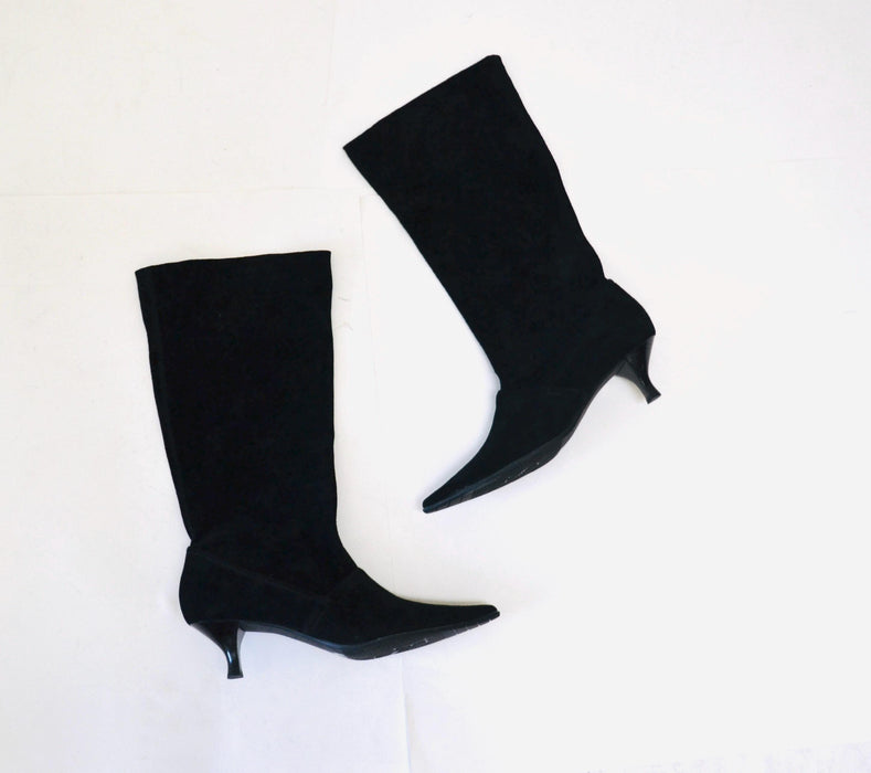 90s Y2K 00s Vintage Black Leather Boots Size 7 1/2 High Heel Pointed Toe Kitten Heel// Vintage Size 7 1/2 Black Leather Boots Franco Sarto
