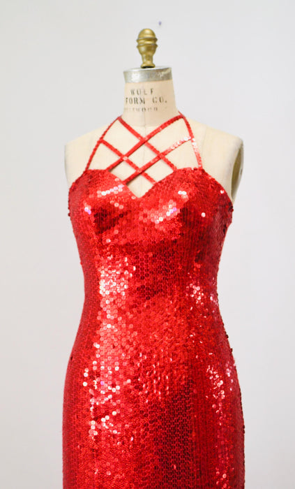 90s Vintage Red Sequin Party Dress Small// Vintage Red Sequin Prom Party Evening Gown Dress Small Pageant Jessica Rabbit Party Dress