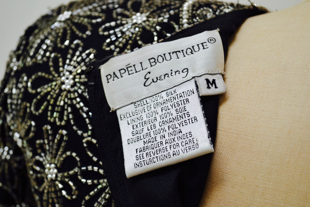 90s 00s Vintage Black Metallic Silver Beaded Sequin Top Shirt Medium Daisies Flowers// Vintage Sequin Beaded Top Medium Flapper Inspired