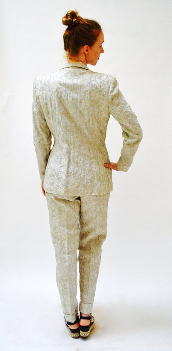 90s 00s Vintage Embroidered Linen Suit Jacket Pants in Khaki Tan Small Medium By Richard Mishann // 90s Vintage Linen Suit Jacket Pants