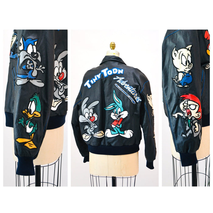 80s 90s Vintage Tiny Toons Adventures Leather Jacket Looney Tunes Cartoon Large Montana Toons Leather Jacket Warner Bros Taz Bugs Bunny