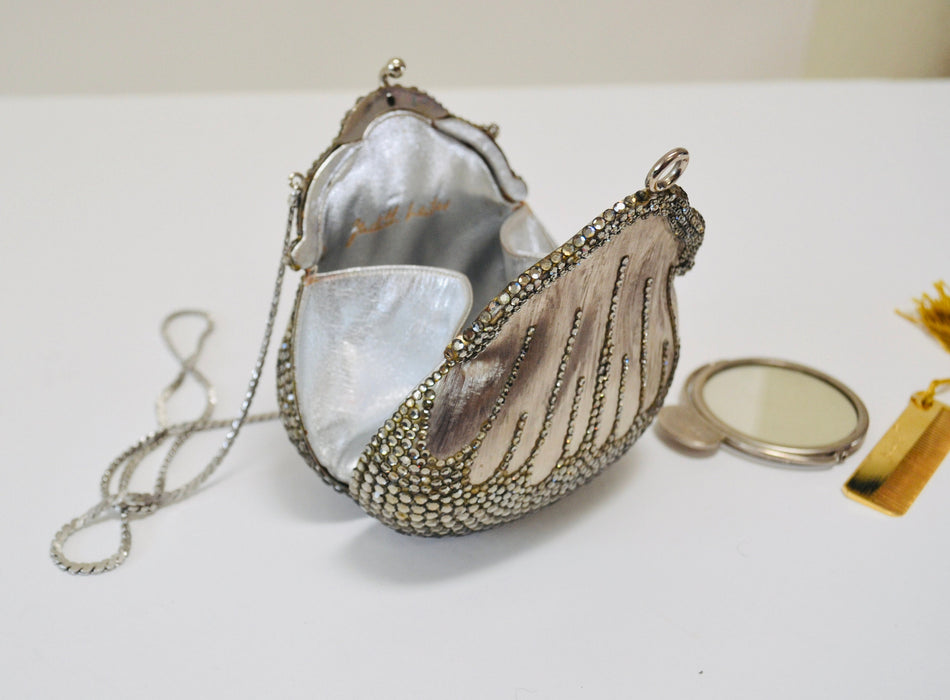 Vintage Silver Judith Leiber 1967 Chatelaine Minaudiere Swarovski Crystals Silver Hard Metal Clutch Bag wedding Purse By Judith Leiber