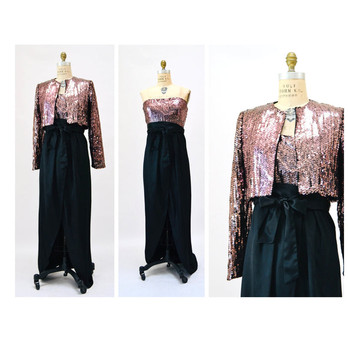 70s Vintage Pink Black Sequin Gown Dress Sequin Jacket By Estevez Strapless Sequin Dress Gown Pink Sequin Jacket Disco Party Medium