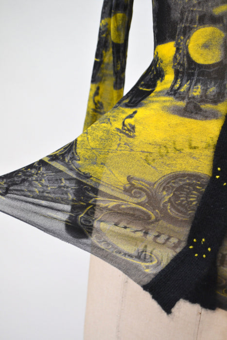 00s Jean Paul Gaultier Mesh Shirt long sleeve Spanish Black Yellow Cardigan Mesh Sheer Shirt Pop Art Fashion Party top Jean Paul Gaultier