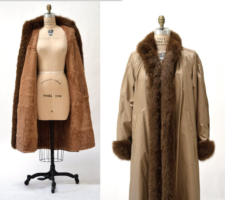Vintage Fur Jacket Coat Size Large Tan Brown Fur Lined// 80s Vintage Trench Coat with Beaver Fox Fur Collar// Vintage Rain Jacket with Fur