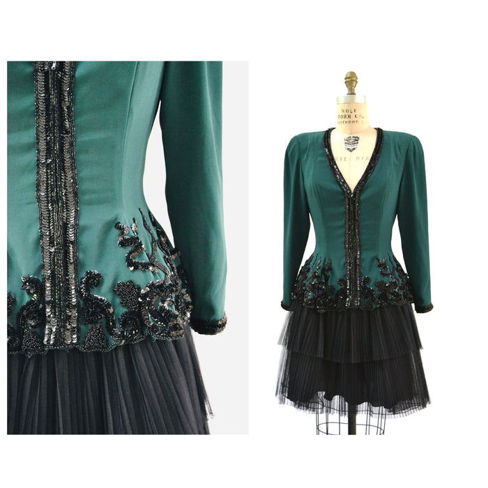 80s 90s Fabrice Vintage Green Black Beaded Party Dress Medium // Vintage 80s 90s Sequin Party Dress Crinoline Pleated Skirt Long Sleeves