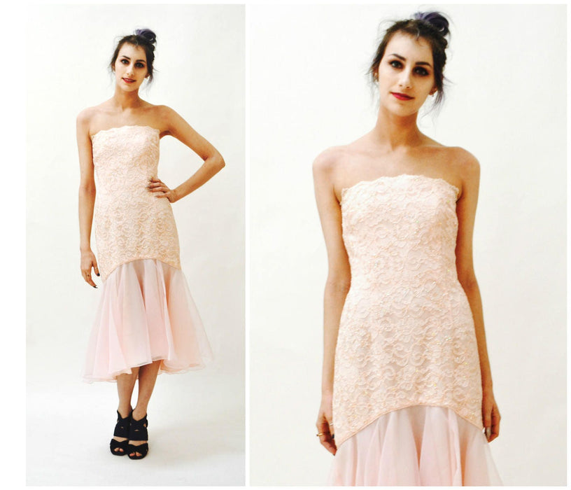 Vintage 80s 90s Vintage Pink Lace Dress Small Medium// 80s Pink Party Prom Dress by AJ Bari Strapless Party Wedding Dress
