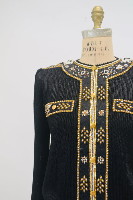 80s 90s Glam Vintage Black Gold Beaded Sequin Sweater Small Medium By Elizabeth New York Black Gold Metallic Beaded Sequin Pull Over Jumper