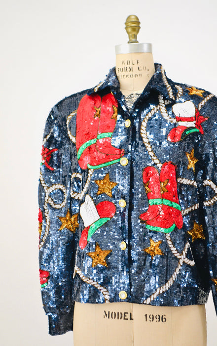 80s 90s Vintage Sequin Jacket Large Blue Metallic Gold Stars Rodeo Rhinestone Cowboy Cowgirl Sequin Jacket USA America Stars Rodeo Modi