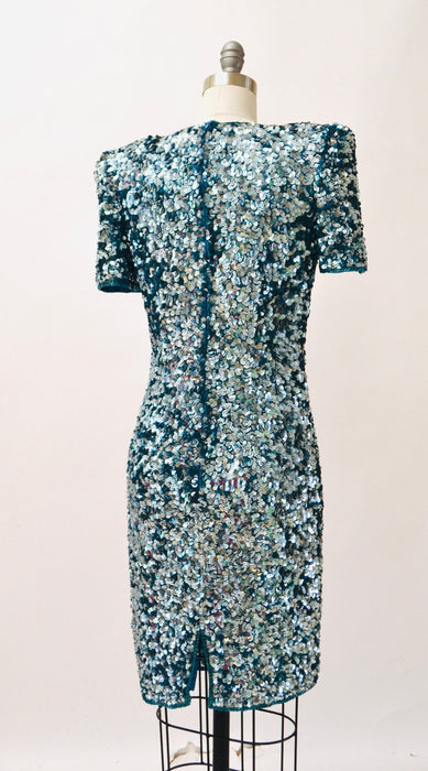80s 90s Glam Vintage Blue Sequin Dress Size Small Blue Metallic Sequin 80s 90s Prom Party Dress// 80s Vintage Blue Trophy Pageant Dress