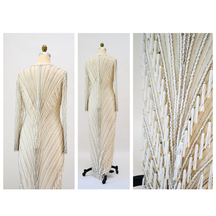 80s 90s Vintage Silver White Cream Beaded Gown Dress Medium Large By Bob Mackie Silk// Vintage Wedding Gown Beaded Fringe Art Deco Gown