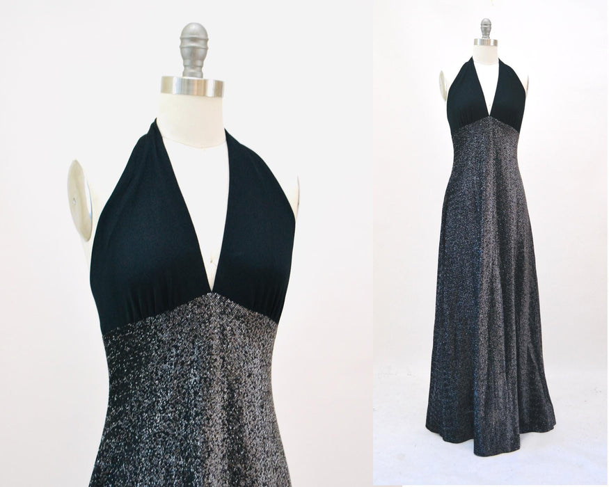 1970s Vintage Black Maxi Dress 70s Metallic Black Silver Party Disco Dress Black Halter Neck Prom Dress Black Long Maxi Dress XS Small
