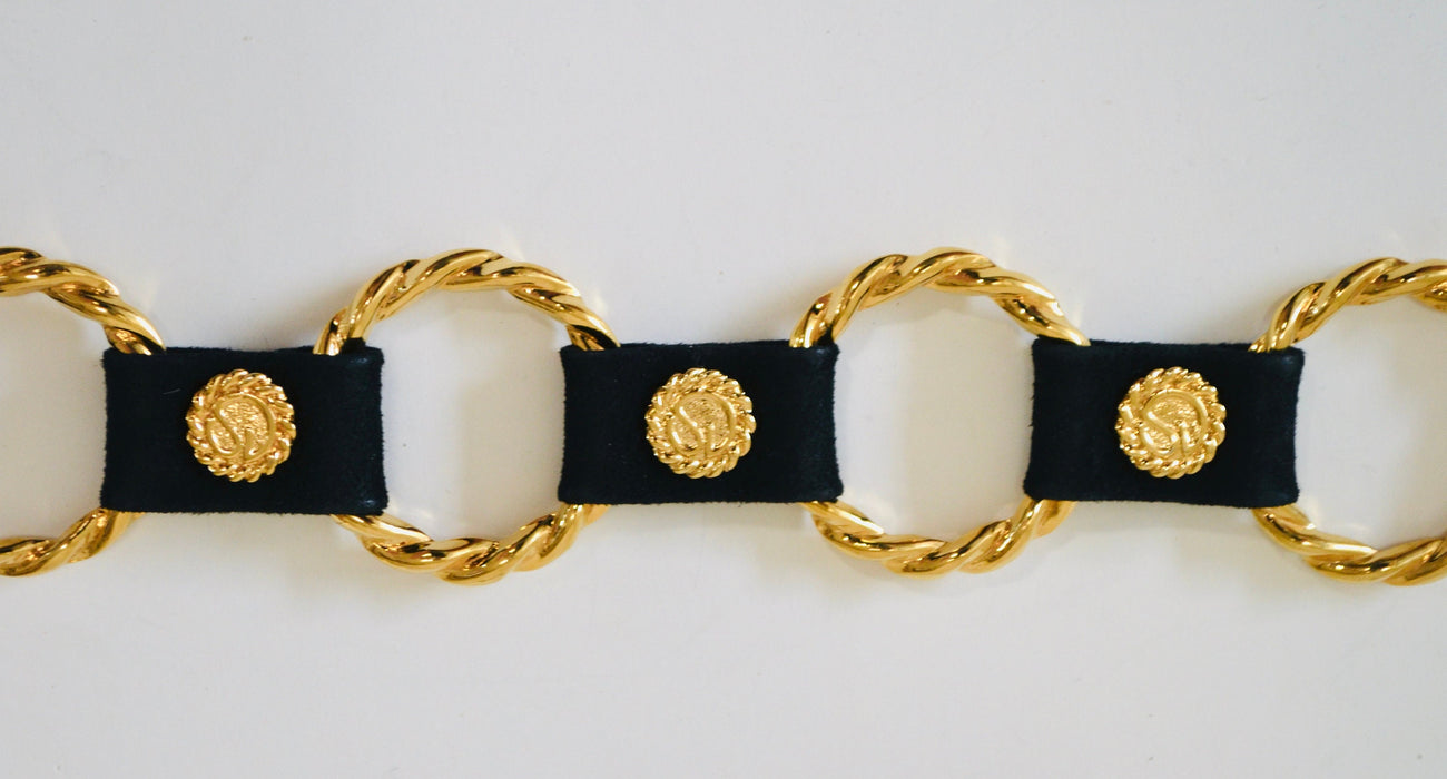 90s Vintage Gold Chain Ring Belt St John Gold Wedding Gold Black Leather Ring Adjustable Belt for Wedding Party Small Medium Gold Chain Belt