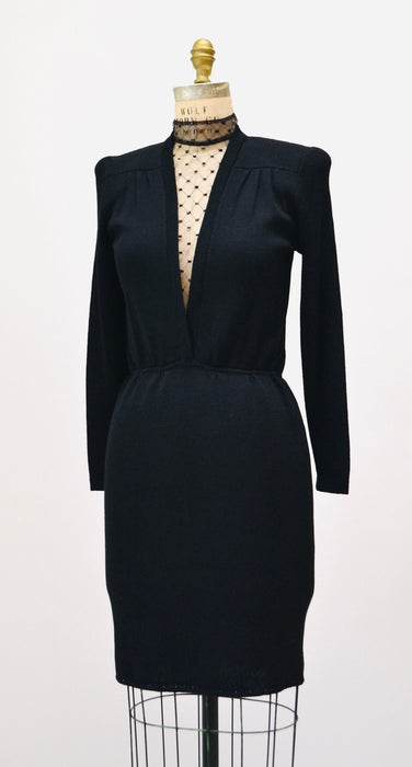 80s Vintage St John Dress Black Knit Dress By St John Rhinestone Mesh Knit Long Sleeve Dress // 80s Black Sweater Knit Party Dress XS Small