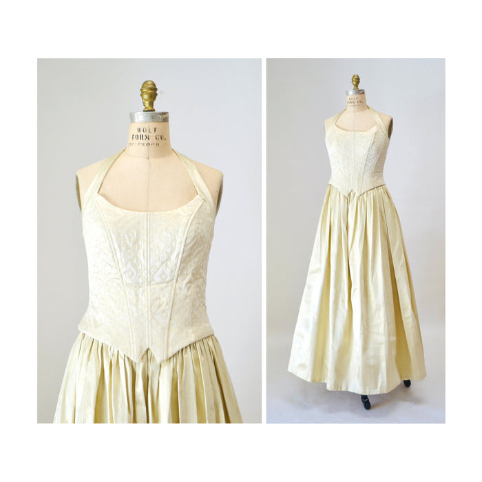 90s Vintage Gold Metallic Dress Ball Gown Halter Neck XS Small 90s Prom Dress Wedding Dress Gold Metallic Crinoline skirt Princess Dress