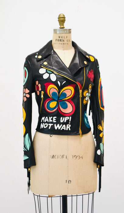 2000s Black Leather Jacket by Moschino with Fringe Make love Not War Heart Flowers Peace Small Medium// Black Leather Biker Fringe Jacket