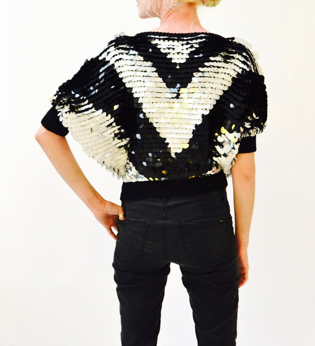 Vintage Black Sequin Shirt Black White Silver Small Dolman Batwing Sleeves 80s 90s Disco// Vintage Black Metallic Sequin Top Large Sequins