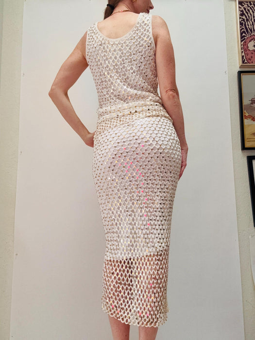 90s 00s Y2k Vintage White Gold Cache Crochet Sequin Club Party Beach Wedding Skirt and top Sheer Beach Dress Small Medium White Gold Dress