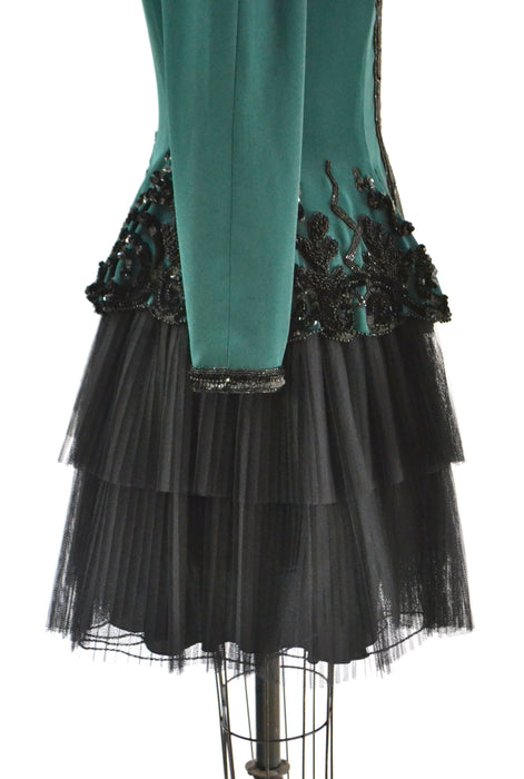 80s 90s Fabrice Vintage Green Black Beaded Party Dress Medium // Vintage 80s 90s Sequin Party Dress Crinoline Pleated Skirt Long Sleeves