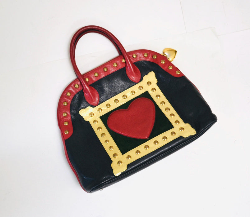 90s Vintage Moschino Bag Tote Black Leather Red Heart Moschino Purse Bag Black Leather 90s Love heart ART IS LOVE Studded Leather Bag
