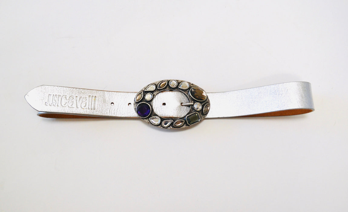 Y2K 2000s Just Cavalli Silver Leather Belt Rhinestone Crystal Belt Buckle Silver Leather Studded Belt Buckle 33-37" Roberto Cavalli Belt