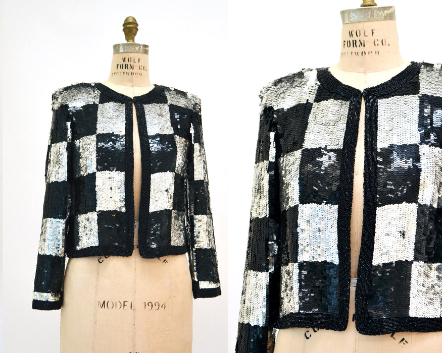 Vintage Sequin Jacket Black Silver Metallic Checker Plaid Small Medium// Vintage Sequin Jacket Blazer Silver Black Checkered Sequin Glam