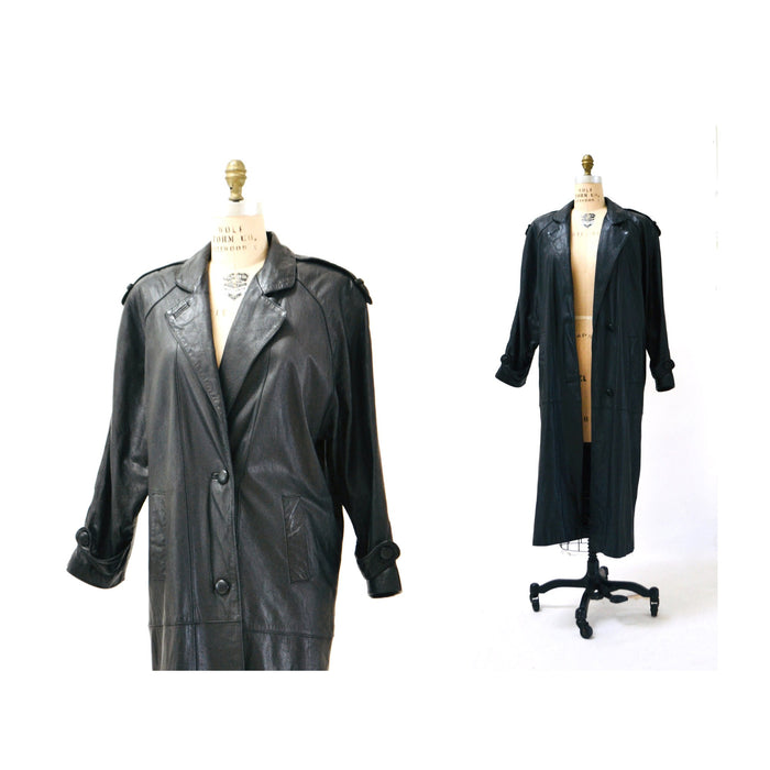 80s 90s Gorgeous Vintage Black Leather Jacket Trench Coat Long Black Leather Jacket Small Medium // Vintage Black Leather Trench Coat Jacket