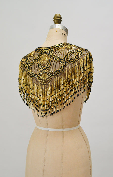 Vintage Gold Beaded Fringe Shawl Wrap Burlesque Wedding Flapper Gold Metallic Beaded Vintage Fringe Collar Shawl Gold Black Wrap Sharmark