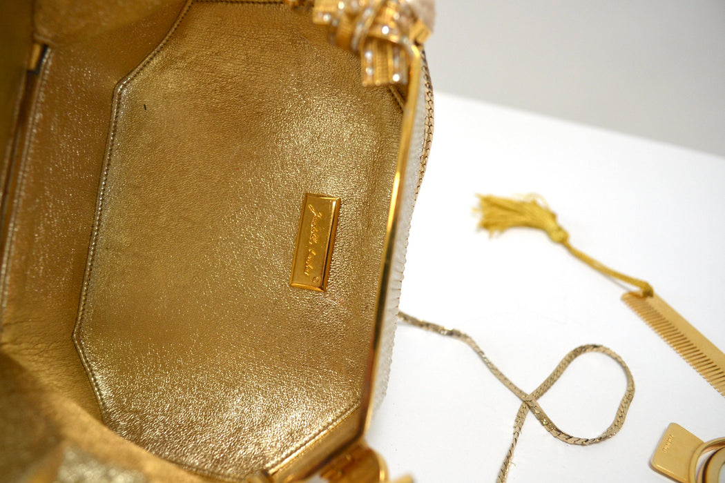 Vintage Judith Leiber Evening Bag Swarovski Crystal Minaudiere Gold Clutch Pearl Crystals Silver Gold Metal Clutch Bag wedding Purse