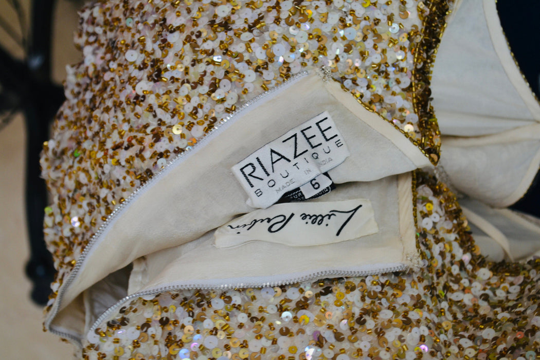 Vintage Off white Silk Sequin Dress Riazee Boutique Lillie Rubin White Gold Silk Beaded and Sequin Dress Cocktail Wedding Dress Naeem Khan