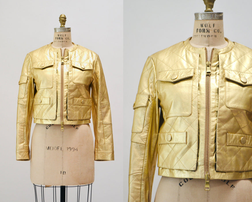 90s 2000s Vintage Gold Leather Jacket Biker Motorcycle Jacket Metallic Gold Leather Moschino// Gold metallic Leather Jacket Medium Moschino