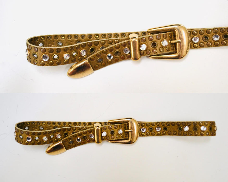 90s 2000s Vintage Gold Rhinestone Belt Brown Leather Gold Rhinestone Belt Small 29" Rhinestone Studded leather Belt