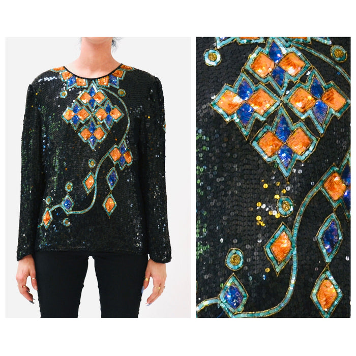 Vintage Metallic Black Sequin Shirt Art Deco Flapper Disco Medium Large// Vintage Black Sequin Shirt Top Long Sleeves Scala 80s 90s Party