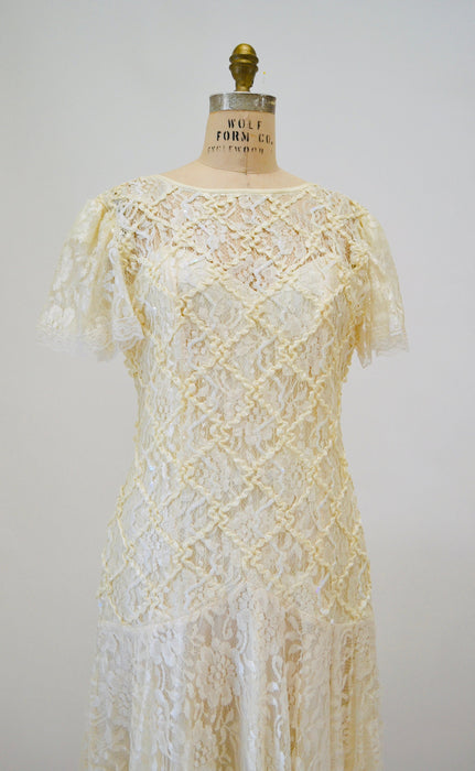 80s does 20s Vintage Lace Sequin Dress Medium Cream Off White// Vintage Sequin Lace Wedding Dress Boho Flapper Inspired Cream Lace Dress
