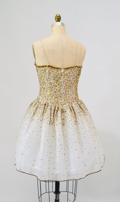 Vintage Off white Silk Sequin Dress Riazee Boutique Lillie Rubin White Gold Silk Beaded and Sequin Dress Cocktail Wedding Dress Naeem Khan
