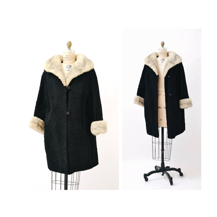 40s 50s Vintage Black Persian Lamb and Mink Fur Coat Jacket Black Grey Broadtail Mink Fur Jacket Medium Large 50s By Kramers
