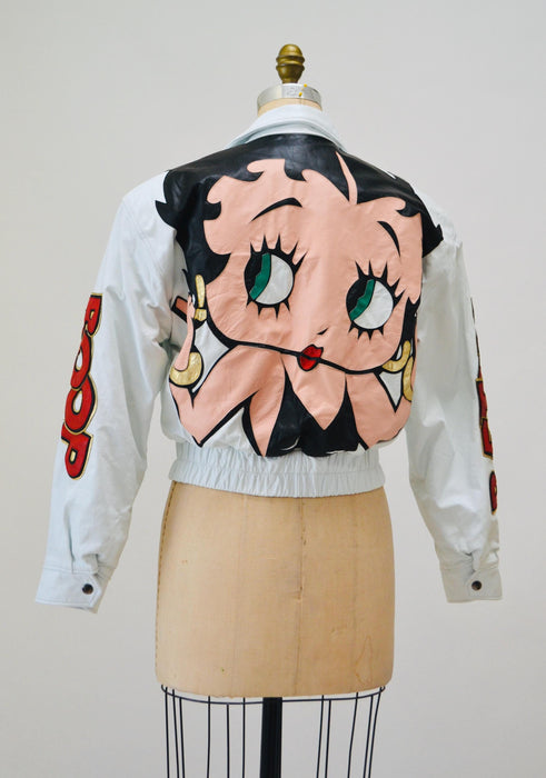 80s 90s Vintage Leather Jacket Betty Boop Small Medium Vintage White Leather Bomber Jacket with Betty Boop Comics Pop Art Leather By Maziar