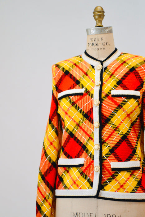 80s 90s Vintage St. John Collection Yellow Plaid Sweater Cardigan Jacket Yellow Black Red Gold Plaid Knit Jacket Small Cardigan St John