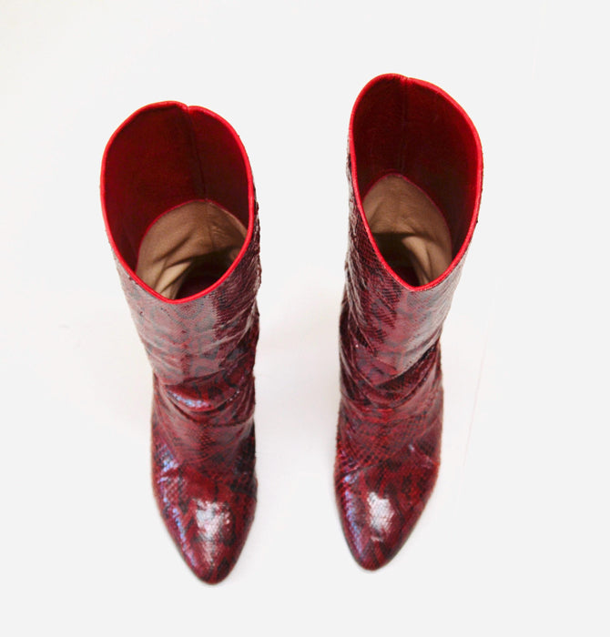 80s Vintage Red Snake Skin Embossed Leather High Heel Boots 6  Leather High Heel Black Boots Pointed Toe Boots Made in Italy