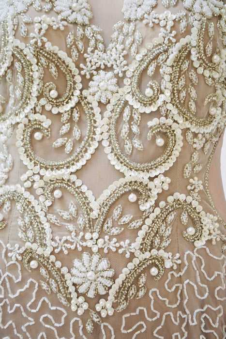 80s 90s Vintage White Beaded Gown Dress Small Medium Lillie Rubin // Vintage Wedding Gown White Sheer Beaded Long Dress Sleeves Pageant
