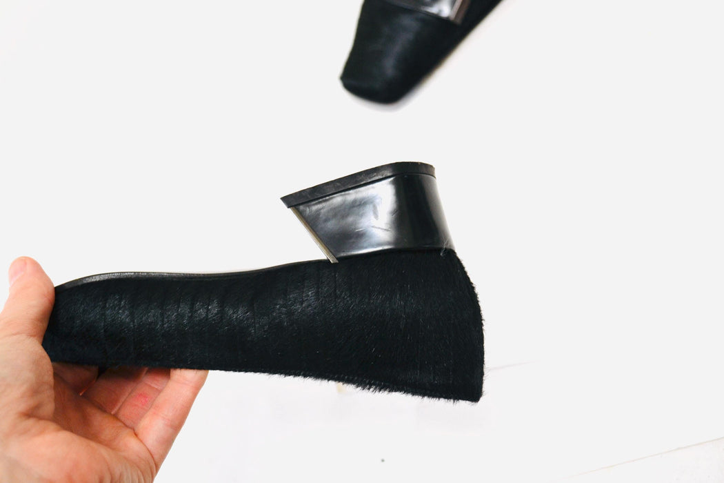 Vintage 90s Black Pony Hair Pumps Black High Heels Size 37 7 Square Toe Vintage Black Low Heel Fur Pony Hair Heels Loafers Shoes Baldan