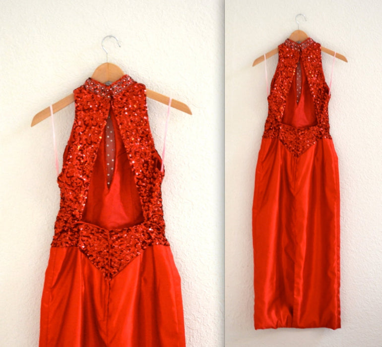 80s Vintage Prom Dress Red Sequin Evening Gown XS Small// Vintage Red Sequin Evening Gown Pageant Party Drag Queen Dress By Mike Benet Small